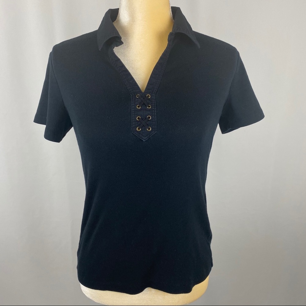 Karen Scott Black Short Sleeve Lace-Up Polo Shirt